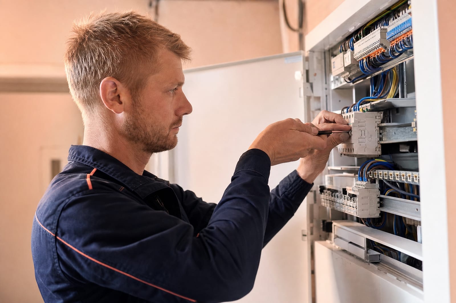 Electrician connecting wires in a modern electrical panel in a bright technical room