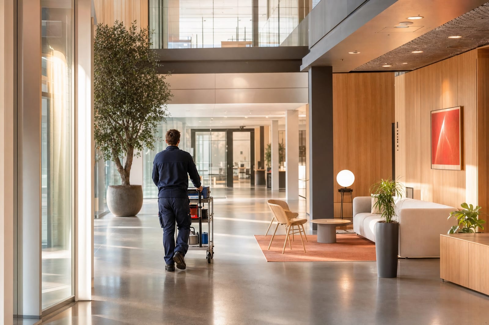 Facility worker crossing the lobby of a modern office building with an equipment cart