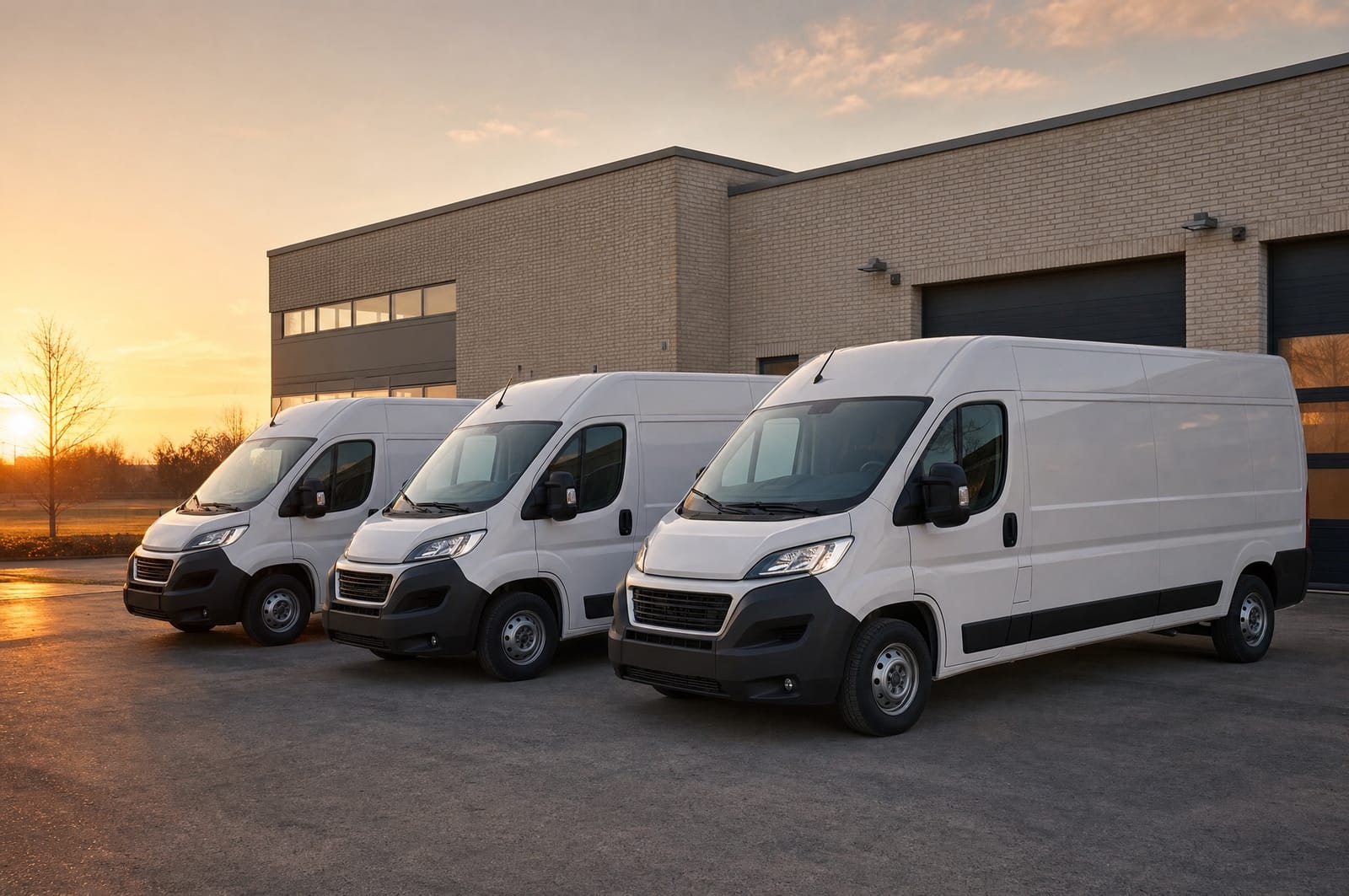 Three white vans parked in a row at a Danish company premises at sunrise