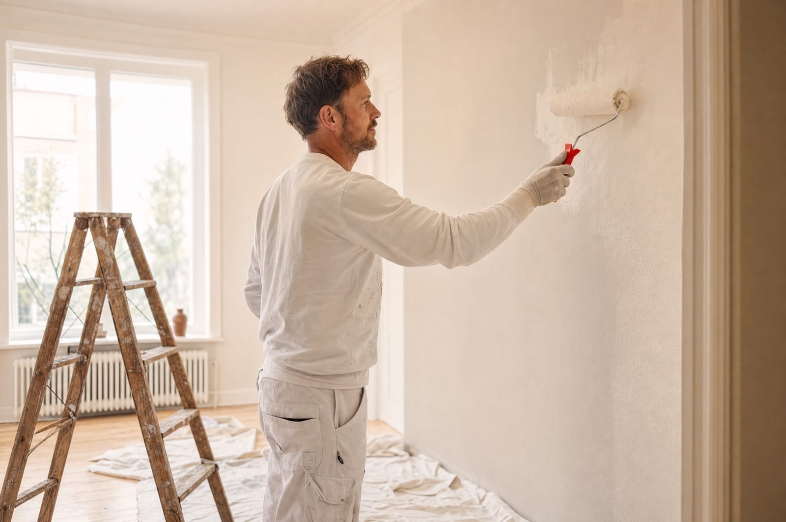 Painter rolling warm white paint onto a wall in a bright flat