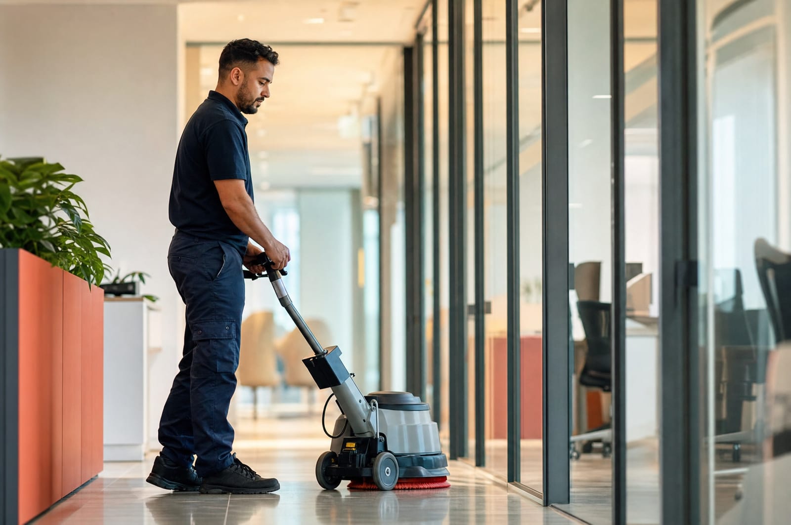 Professional cleaner running a floor-scrubbing machine down a bright office corridor