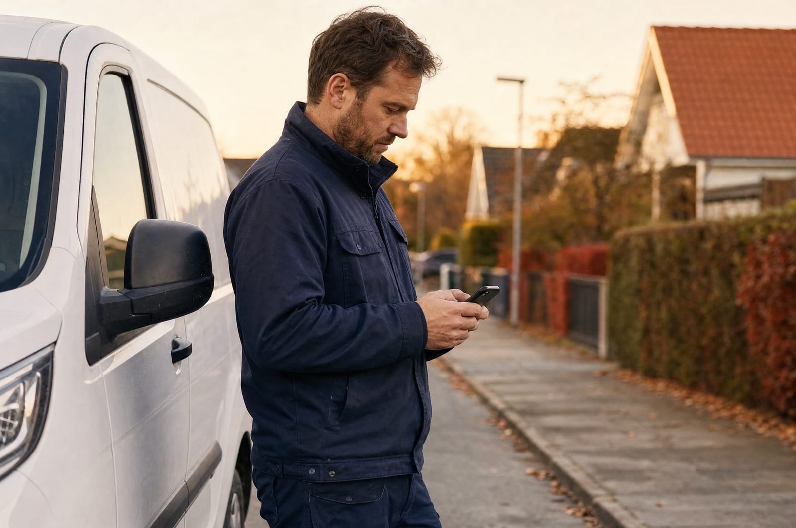 Service worker standing by his van on a Danish residential street, checking his phone