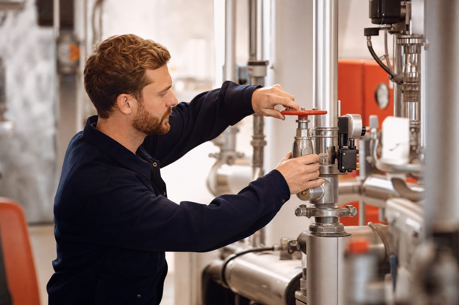 Maintenance technician adjusting a valve on technical equipment in a plant room