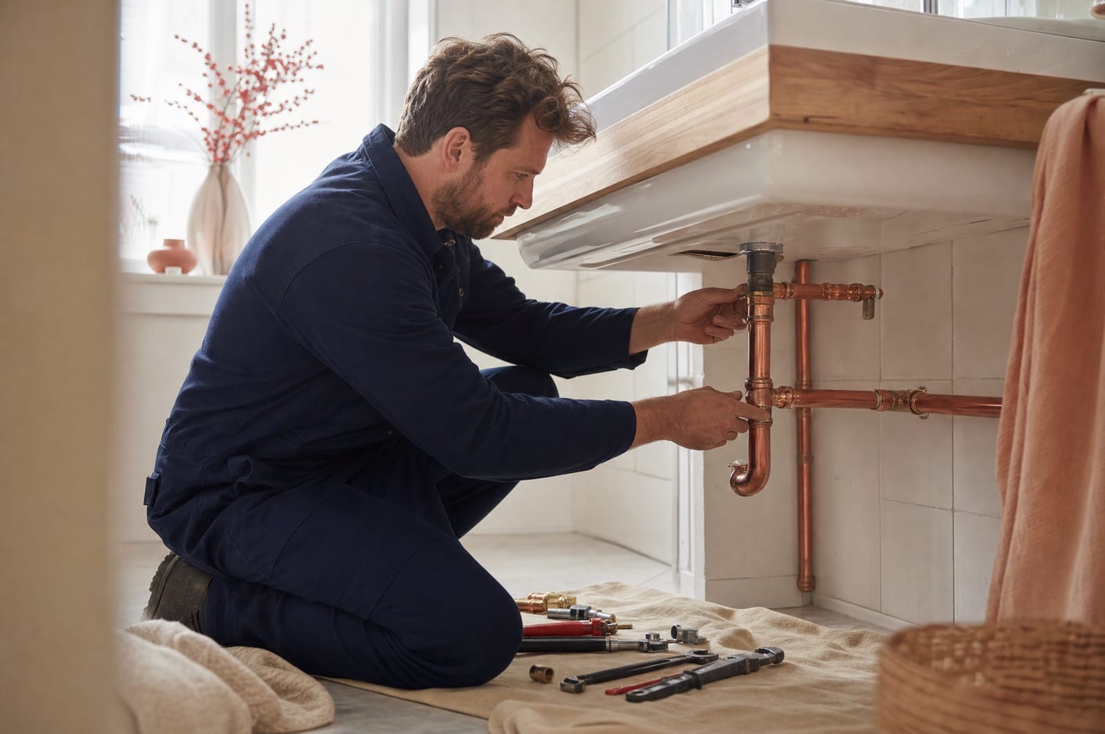 Plumber joining copper pipes under a basin in a bright bathroom