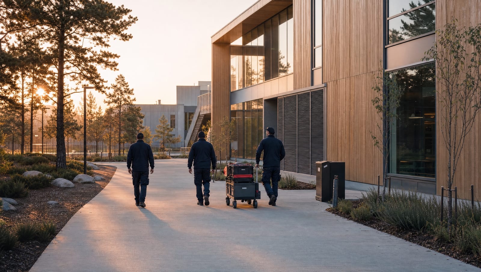 Operations team arriving with an equipment cart at a modern office building at dawn