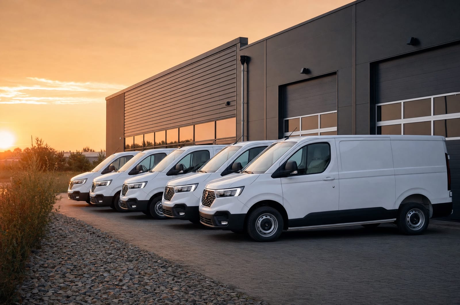 Row of white service vans lined up on the company yard at sunrise