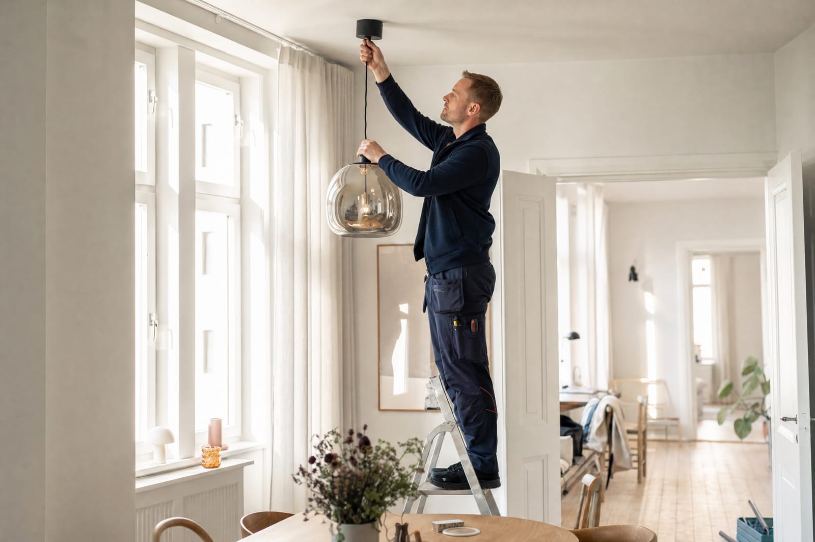 Electrician fitting a pendant lamp in a bright, renovated apartment