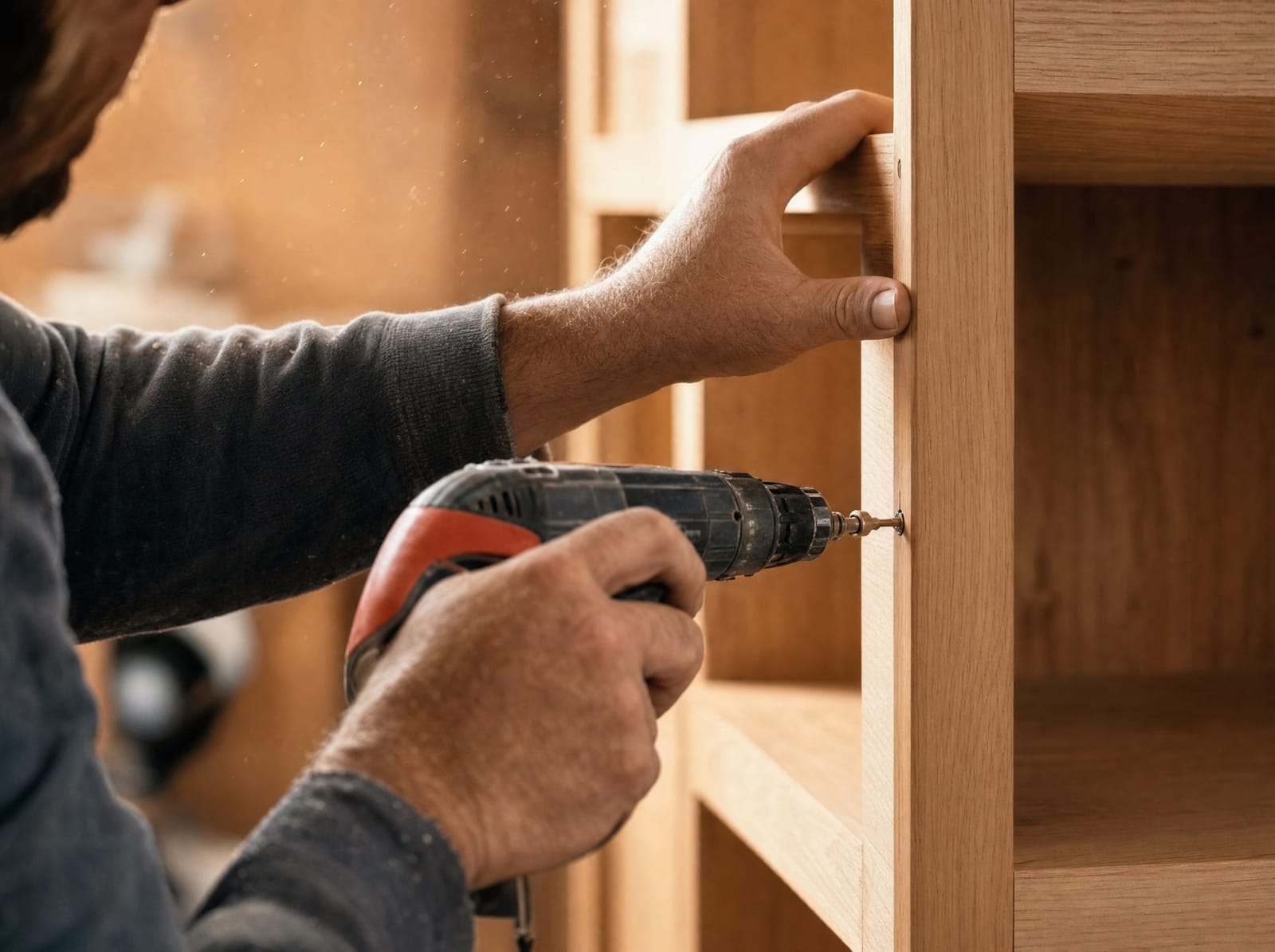Close-up of a carpenter’s hands fitting a cabinet unit with a drill
