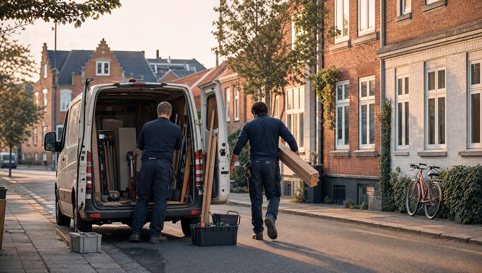 Two tradespeople unloading tools and materials from a van on a Danish suburban street