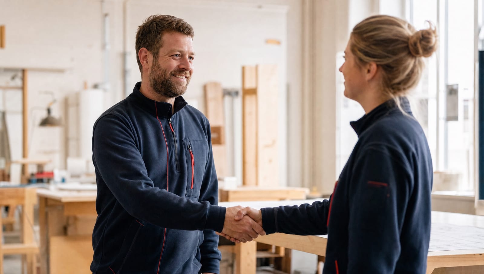 A team lead welcomes a new employee in a bright workshop