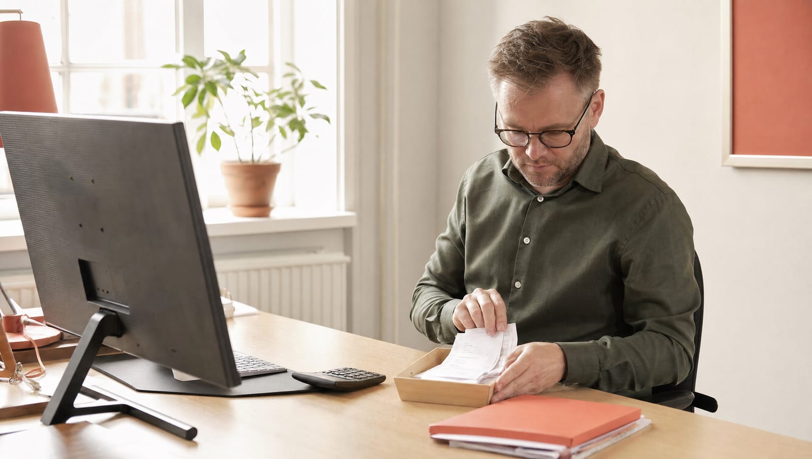 Finance employee with a receipt tray and calculator at the desk