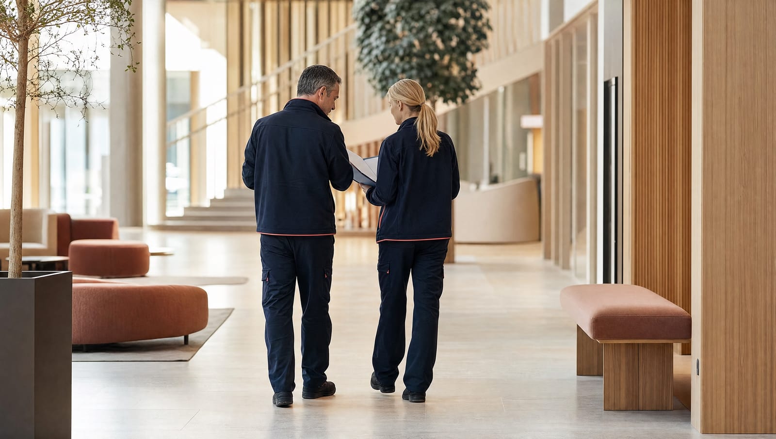 A facility manager and service provider review a folder in a bright atrium building