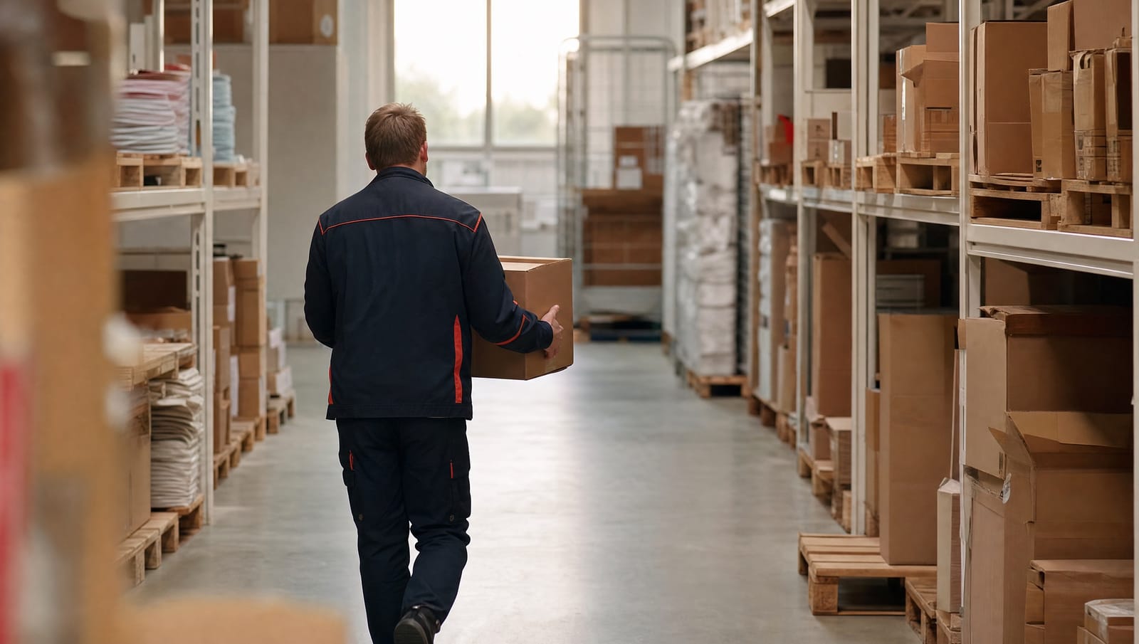 Warehouse worker carrying a box through a tidy warehouse aisle