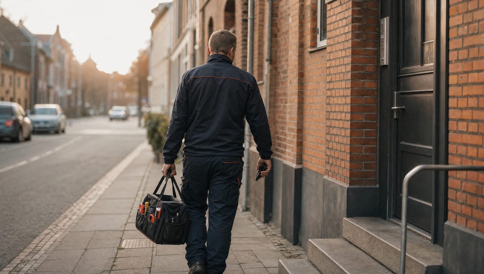 Technician heading in to the job with a bag and phone in hand