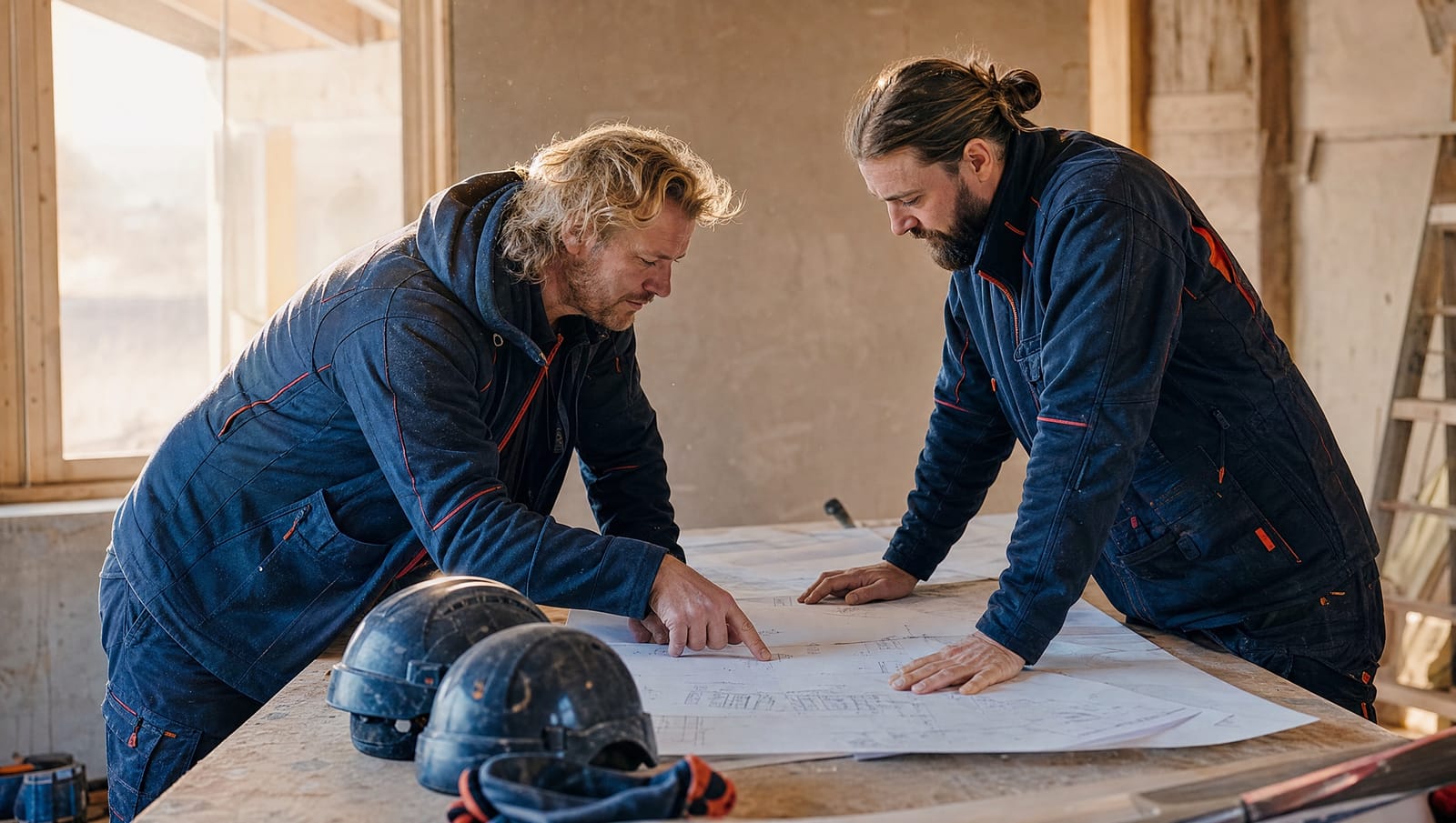 Project manager and tradesperson reviewing drawings on the building site
