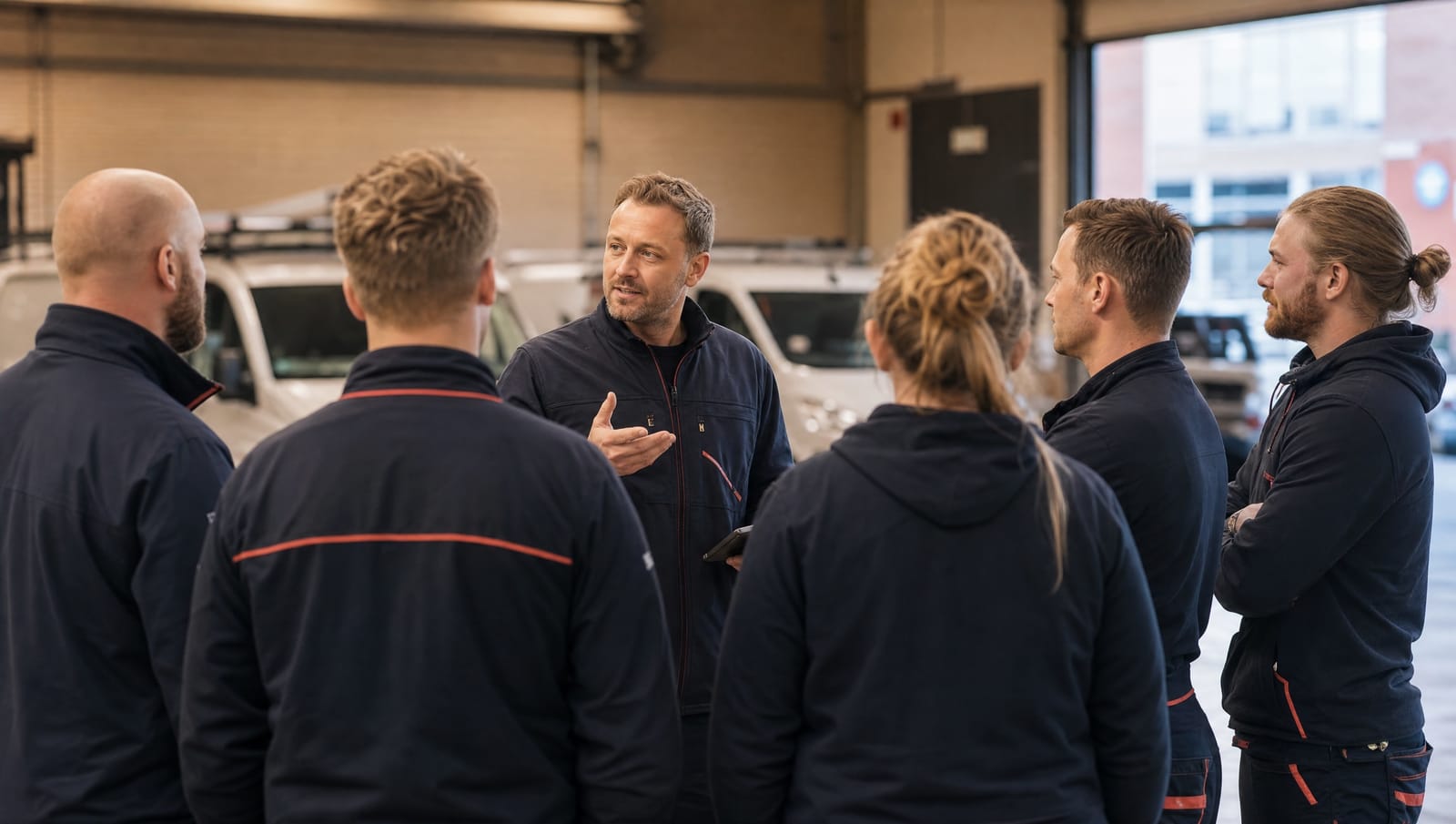Service team gathered for a short morning briefing at the depot