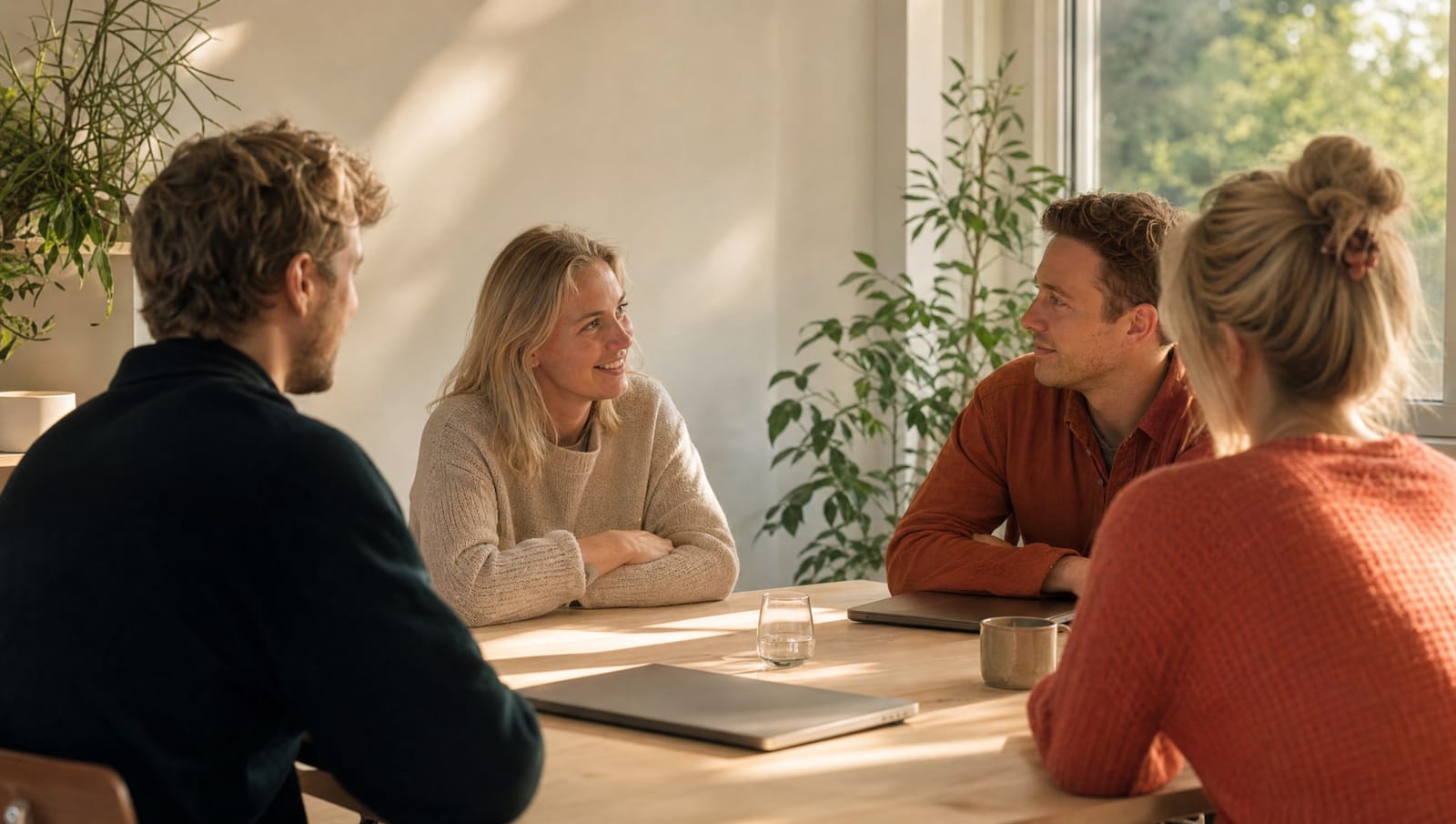 Small team in a relaxed conversation around a wooden table in a bright Scandinavian office
