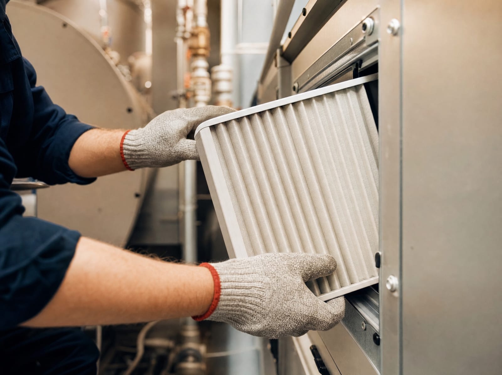 Close-up of a service technician’s hands replacing an air filter in a ventilation system
