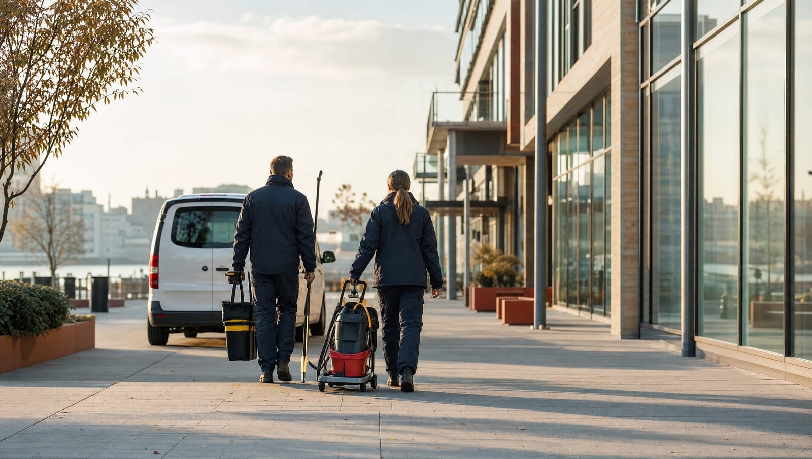 Service team heading to the service van outside a modern commercial building early in the morning