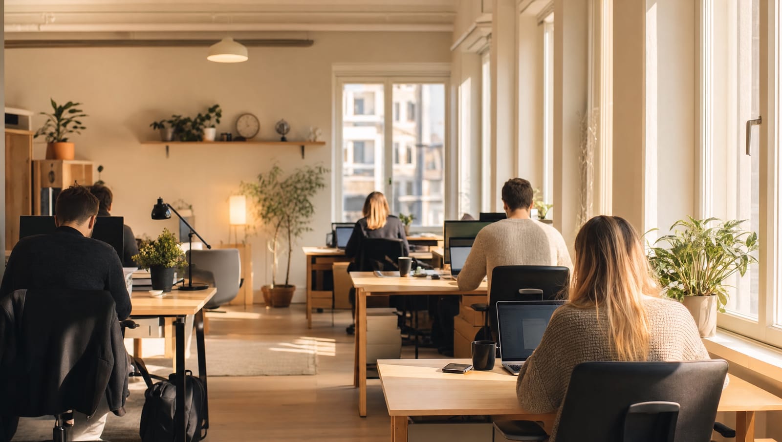 A bright Scandinavian office in the morning with employees in calm focus