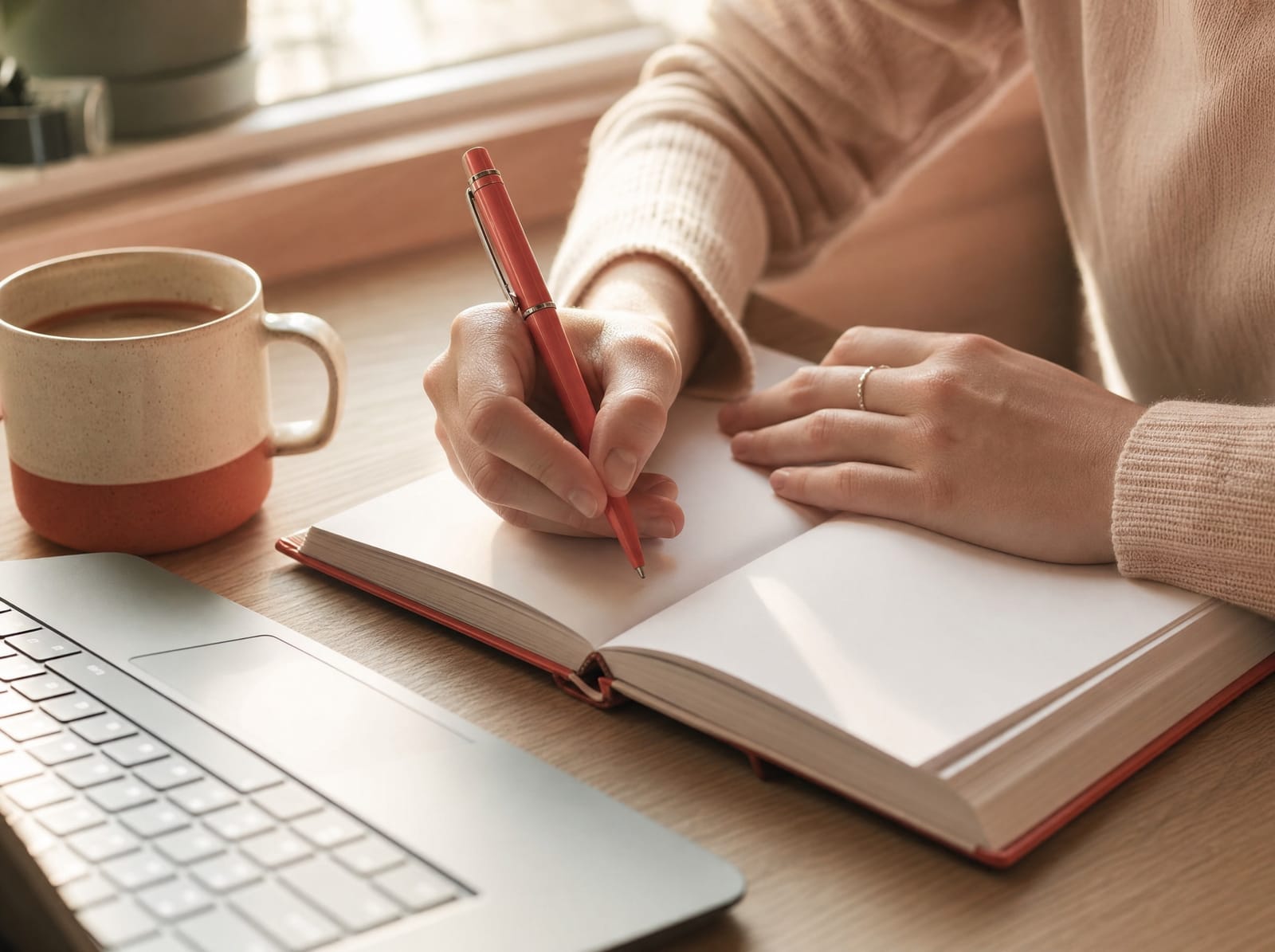 Hands writing notes in a notebook next to a laptop on a bright oak desk